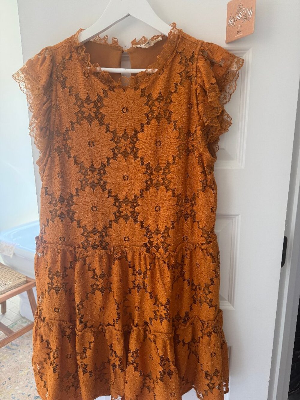 Anthropologie Blue Tassel Tiered Lace Tunic Dress Gold Rust Floral Mini M